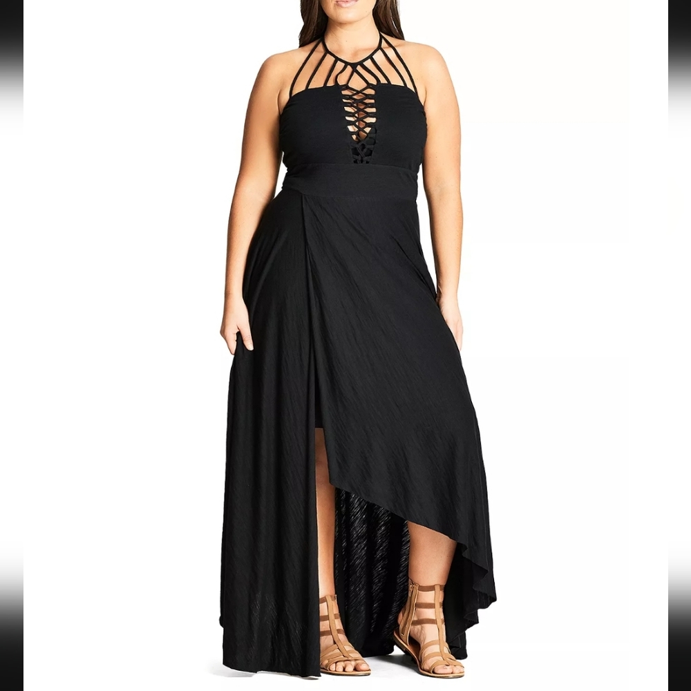 Strappy Asymmetrical Faux Wrap Halter Maxi Dress